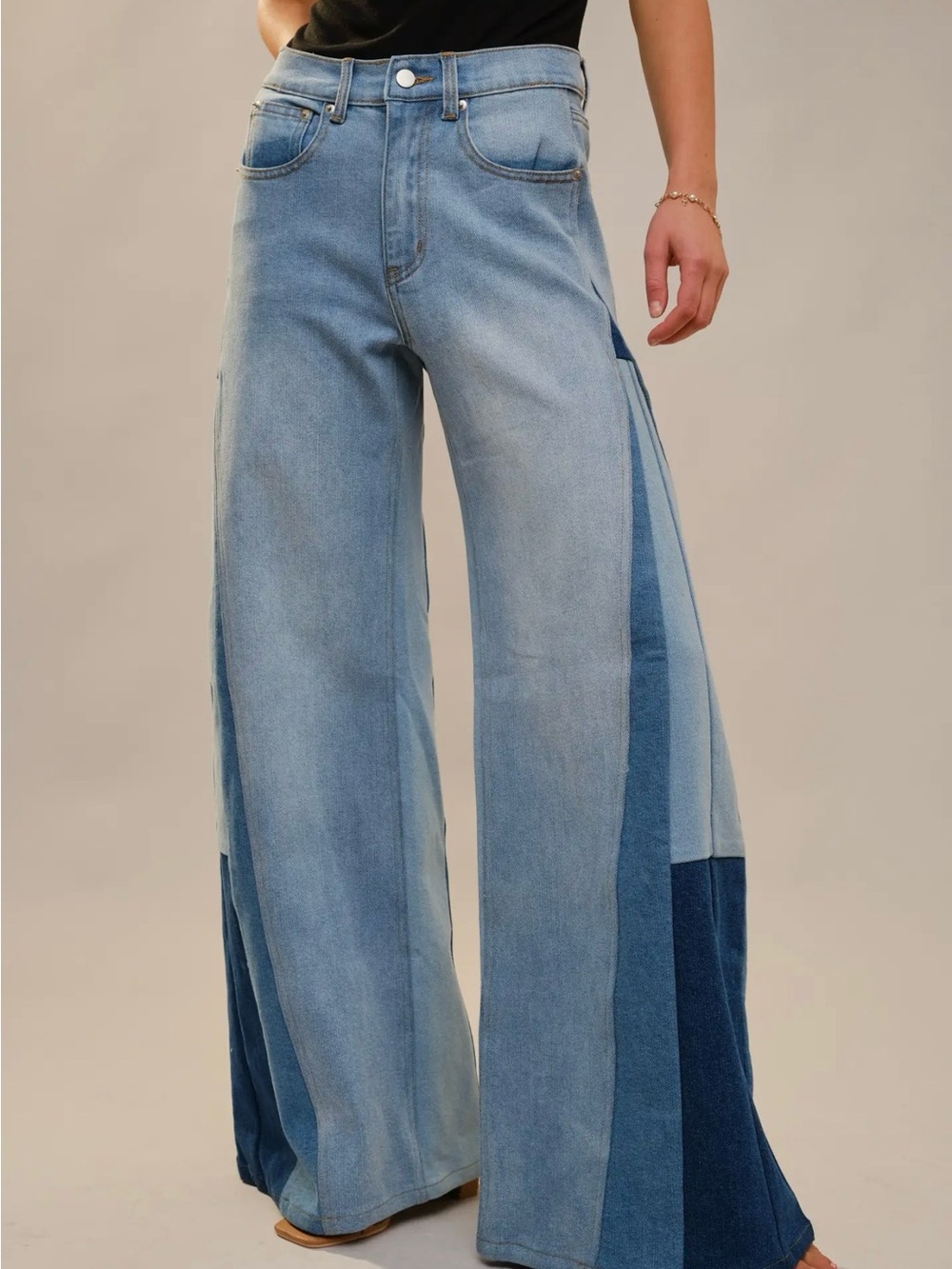 High Rise  Super Wide Leg Color Block Jeans